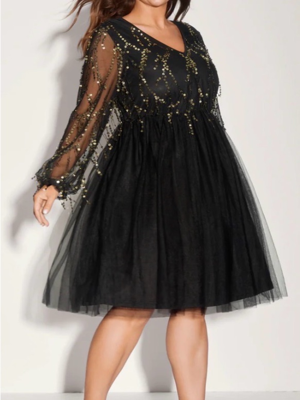 Black Tulle Mesh Sequin Tassel Dress Sheer Long Sleeve Party  New Size 10
